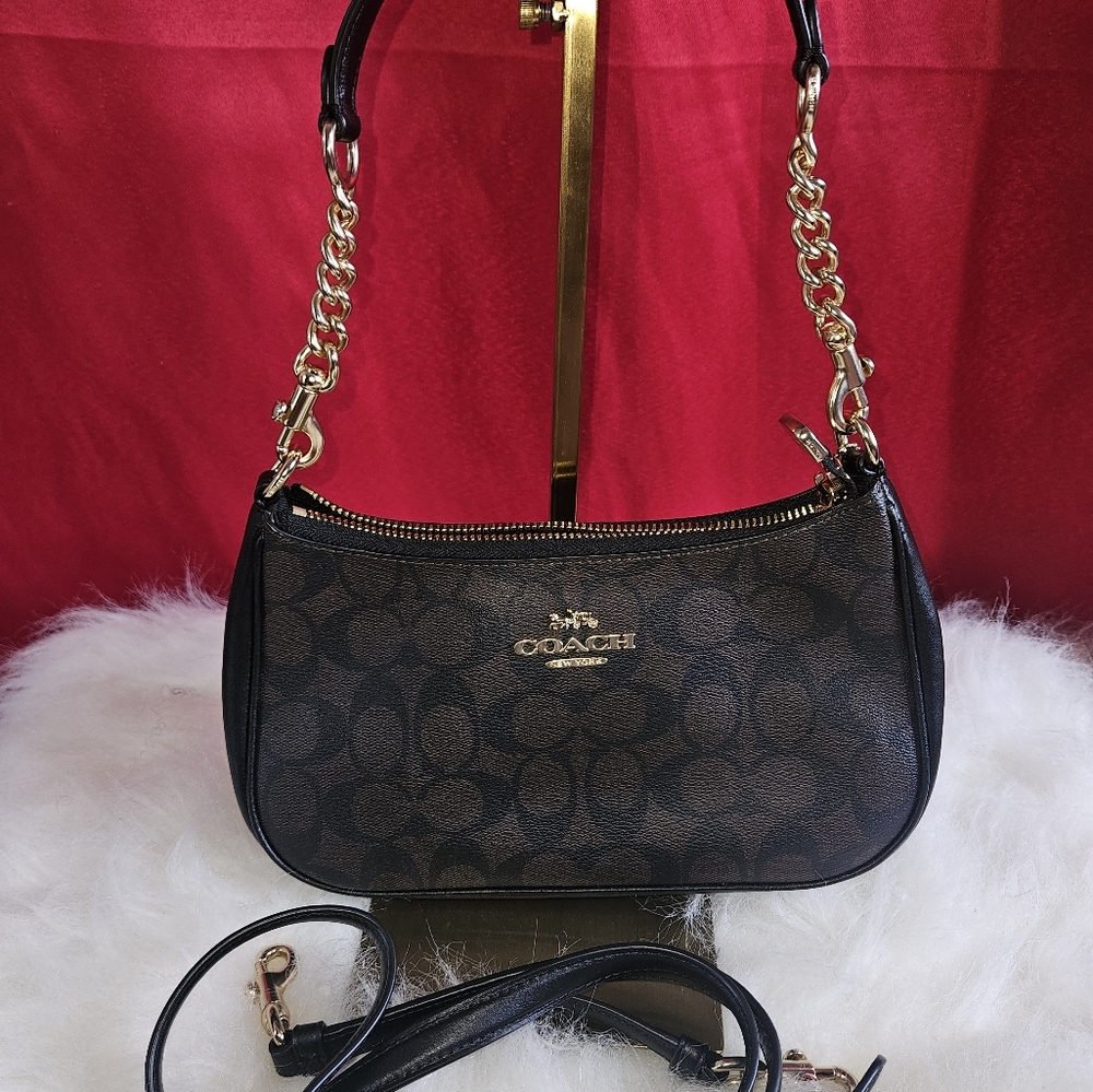 Coach Teri  2 Way Signature  Shoulder Bag with Monogram Pattern Dark Brown - Picture 2 of 8